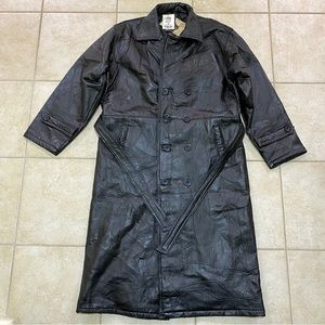 Long Black Leather Trench Coat w/Belt